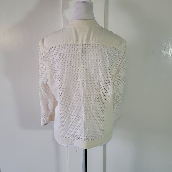 Chico's Size 2 US L Diamond Mesh Moto Jacket White Layer Mature Office Zipper - Picture 3 of 10